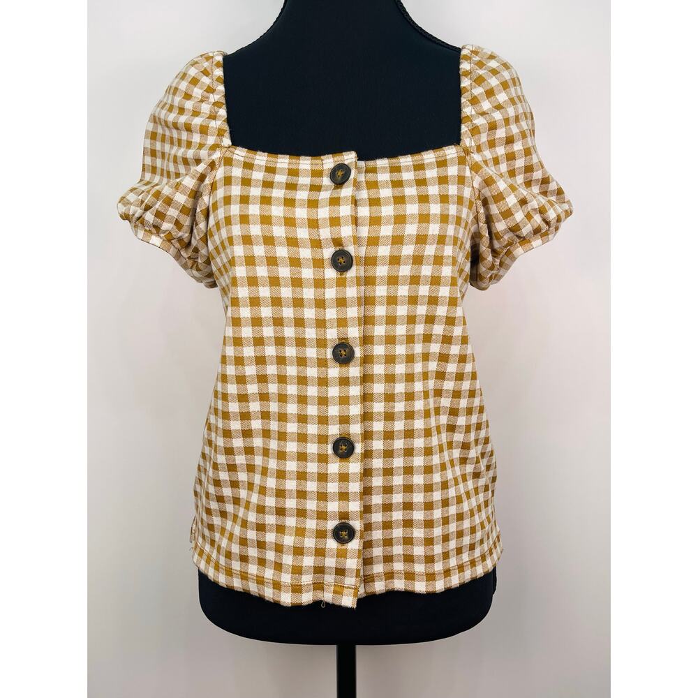 Madewell XS Brown Gingham Puff Sleeve Button Front Blouse